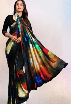Digital Printed Crepe Saree in Black and Multicolor