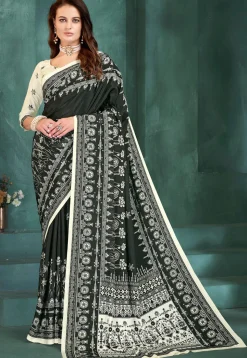 Digital Printed Crepe Saree in Black