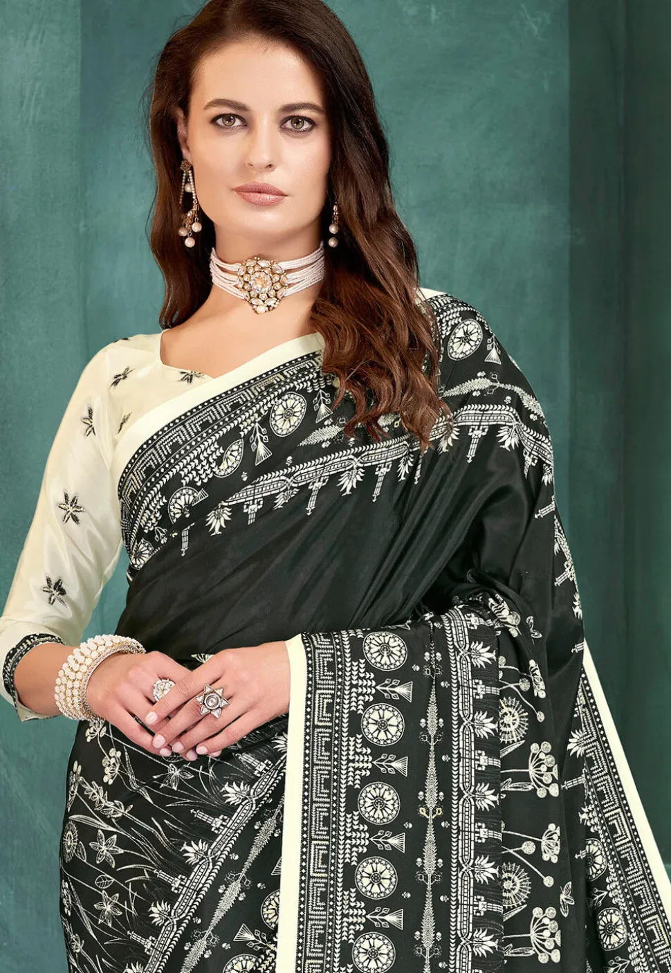 Digital Printed Crepe Saree in Black