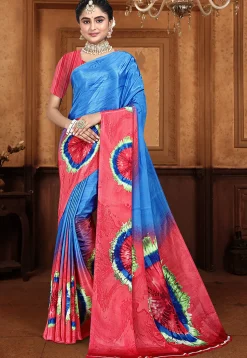 Digital Printed Crepe Saree in Blue and Red