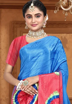 Digital Printed Crepe Saree in Blue and Red