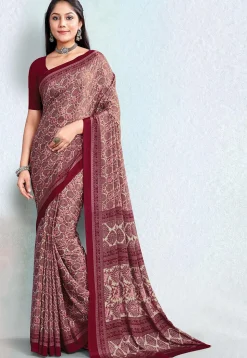 Digital Printed Crepe Saree in Beige and Maroon