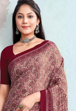 Digital Printed Crepe Saree in Beige and Maroon