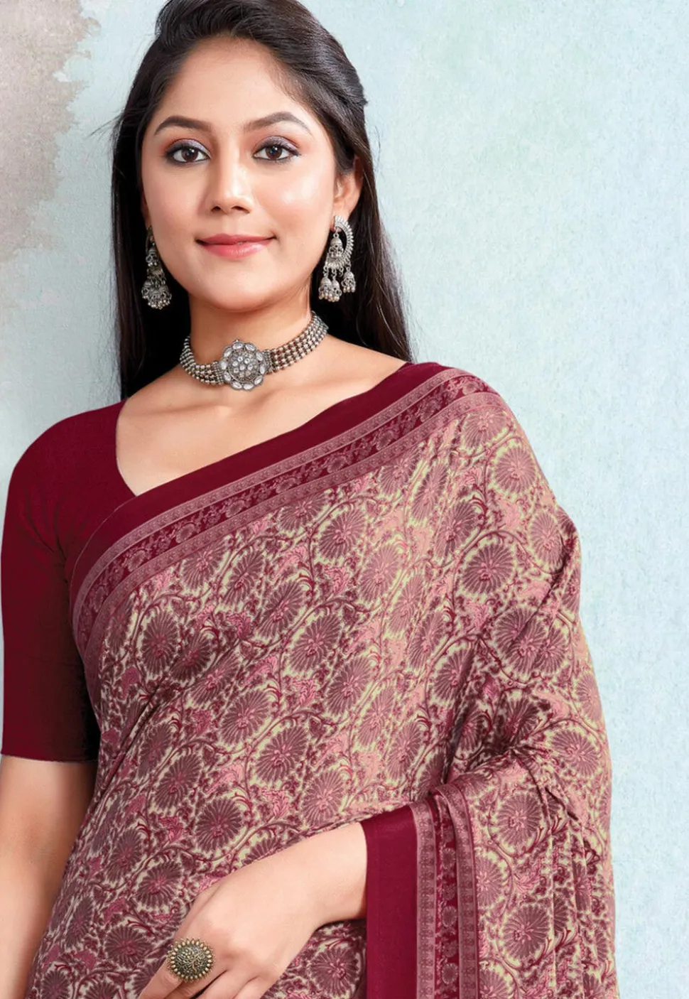 Digital Printed Crepe Saree in Beige and Maroon
