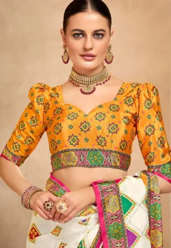 Digital Printed Crepe Saree in Off White
