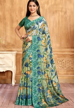 Digital Printed Crepe Saree in Green
