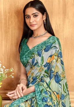 Digital Printed Crepe Saree in Green