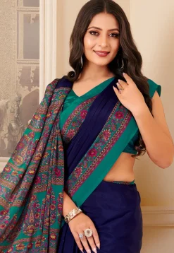 Digital Printed Crepe Saree in Navy Blue