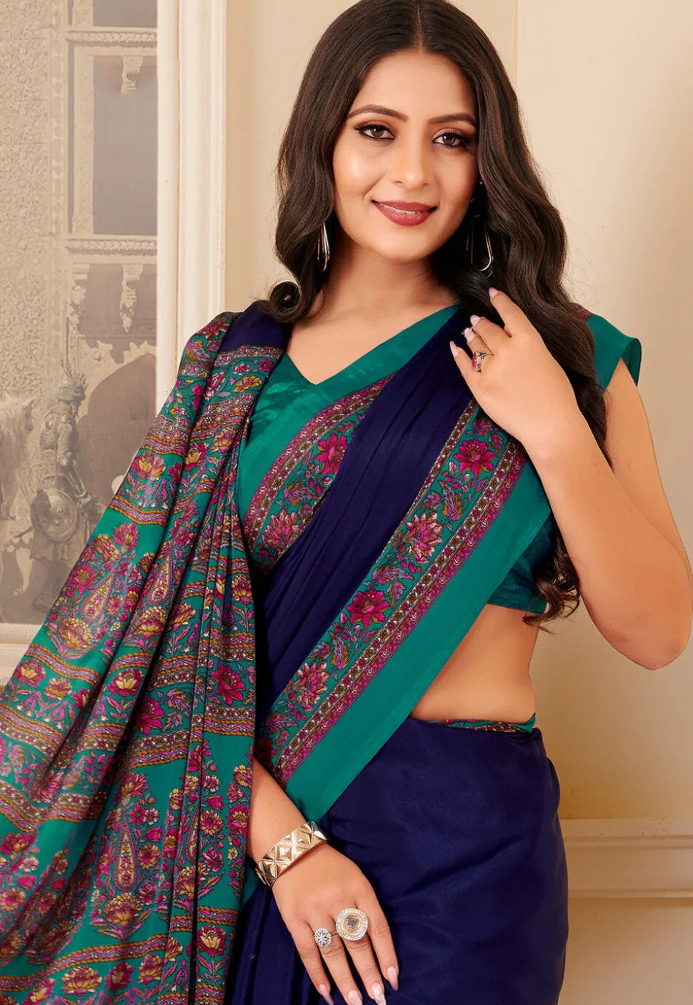 Digital Printed Crepe Saree in Navy Blue