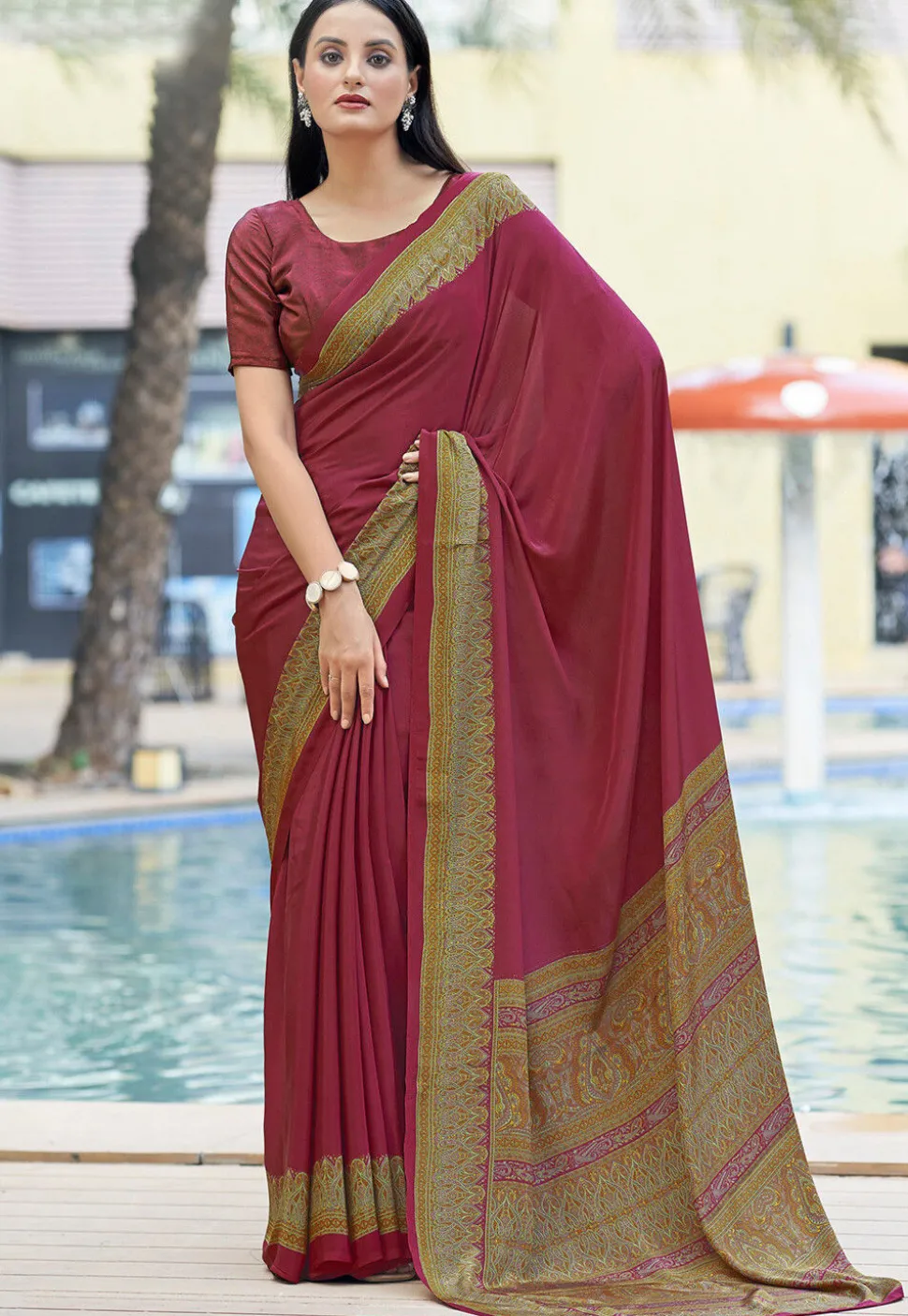 Digital Printed Crepe Saree in Maroon