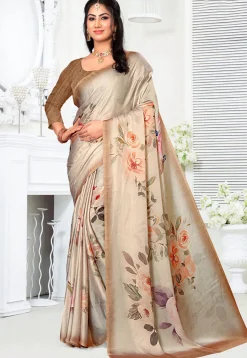 Digital Printed Crepe Saree in Cream