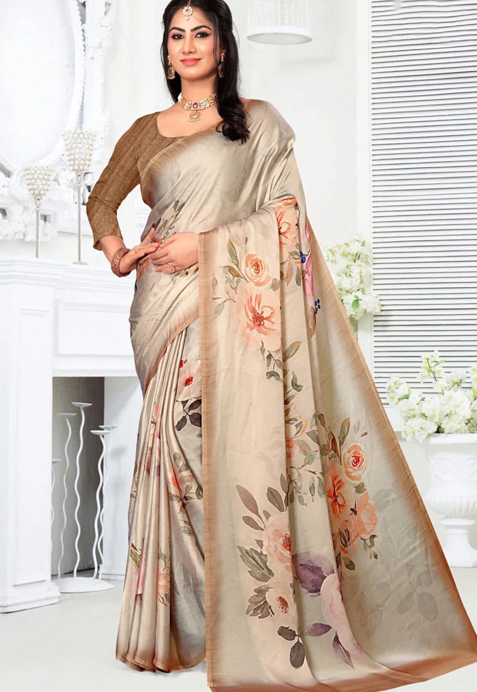 Digital Printed Crepe Saree in Cream