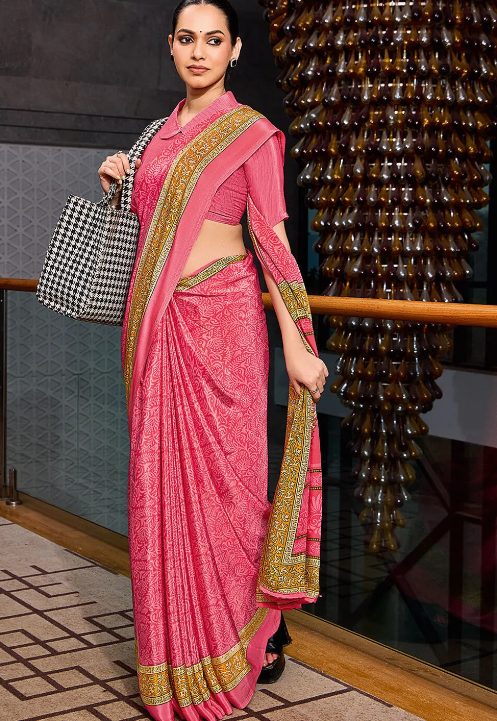 Digital Printed Crepe Saree in Pink