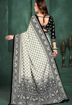 Digital Printed Crepe Saree in Off White