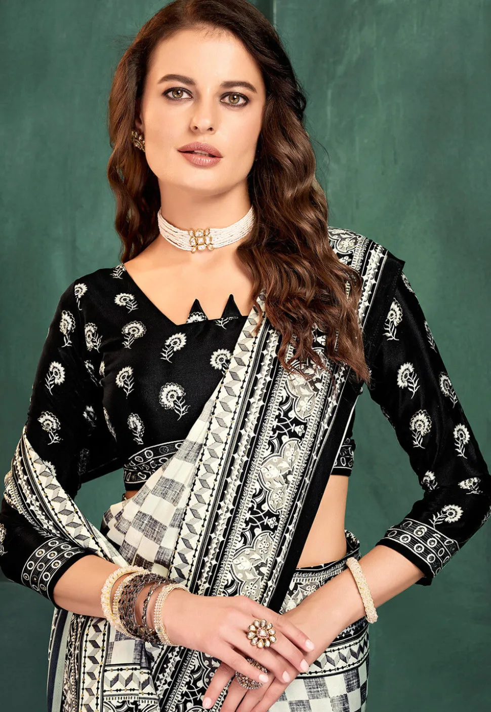 Digital Printed Crepe Saree in Off White