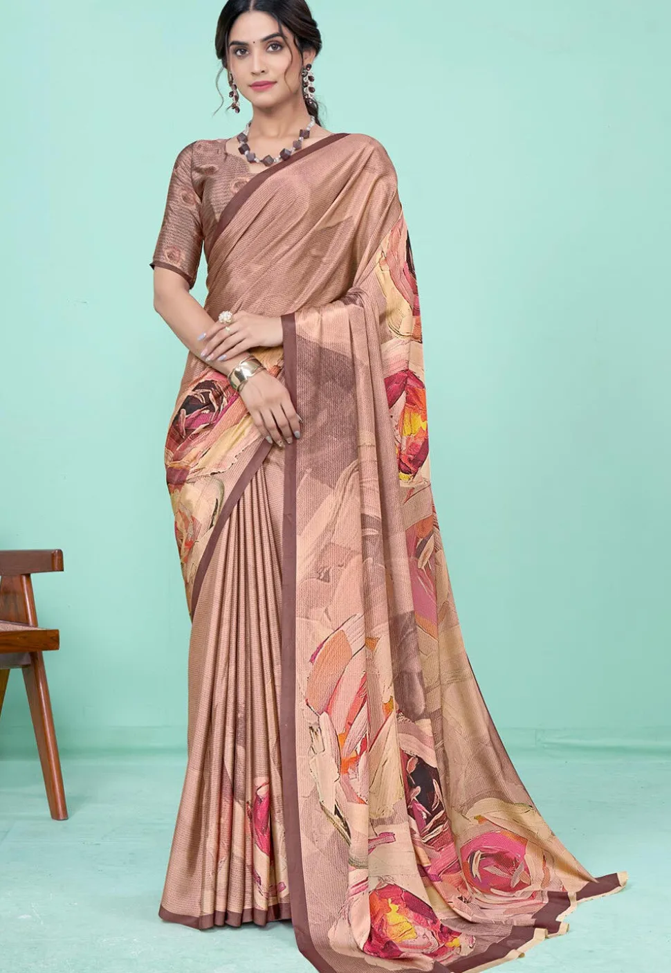 Digital Printed Crepe Saree in Beige