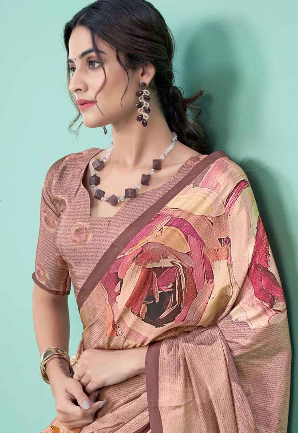 Digital Printed Crepe Saree in Beige