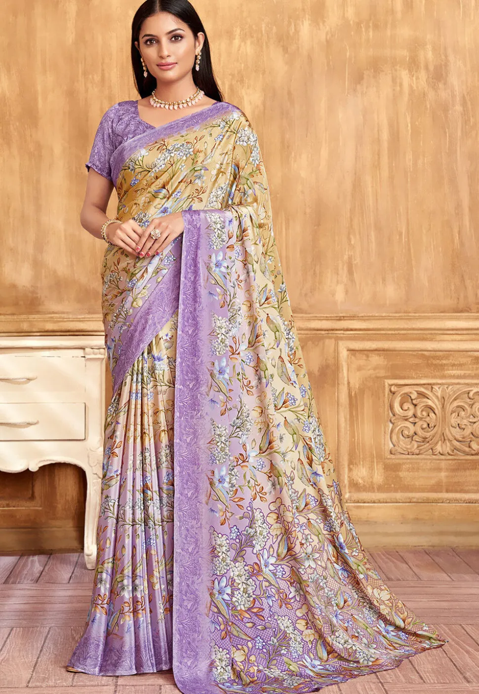 Digital Printed Crepe Saree in Beige