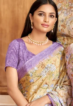 Digital Printed Crepe Saree in Beige