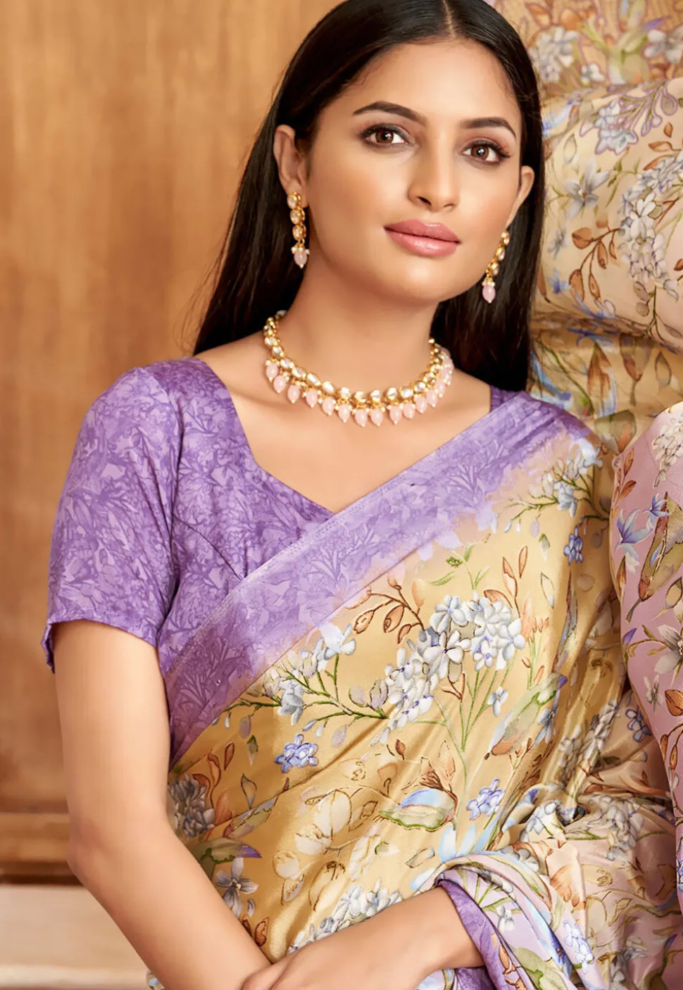 Digital Printed Crepe Saree in Beige