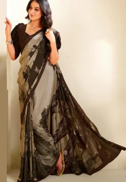 Digital Printed Crepe Saree in Brown