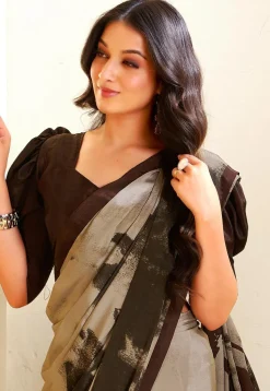 Digital Printed Crepe Saree in Brown