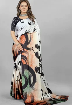 Digital Printed Crepe Saree in White