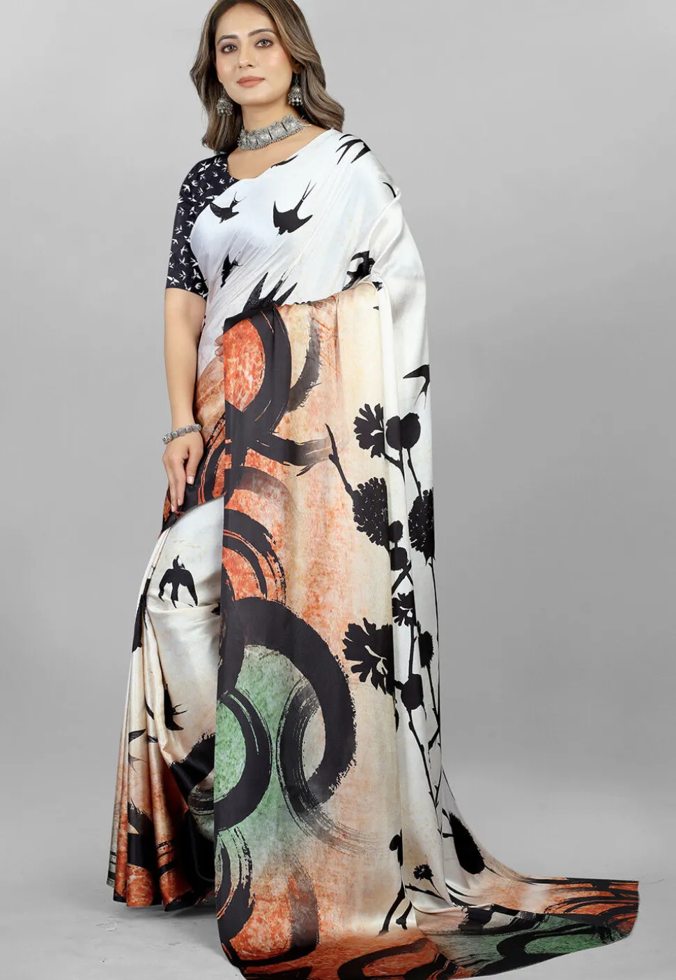 Digital Printed Crepe Saree in White