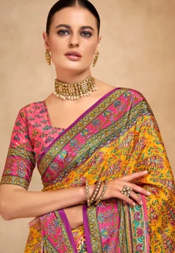 Digital Printed Crepe Saree in Mustard