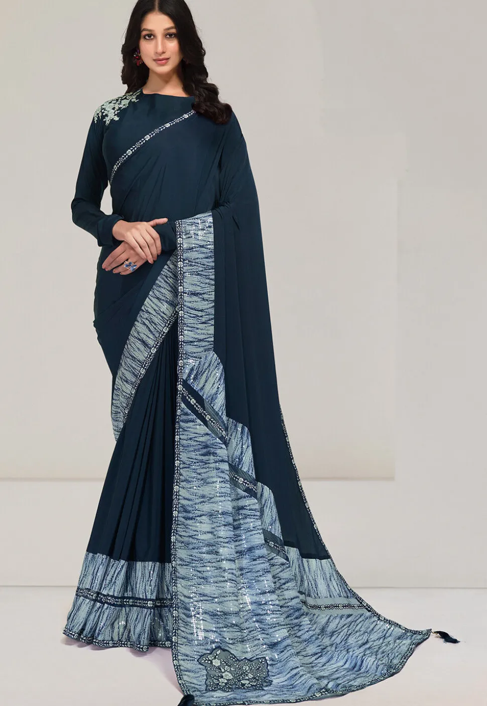 Digital Printed Crepe Saree in Navy Blue