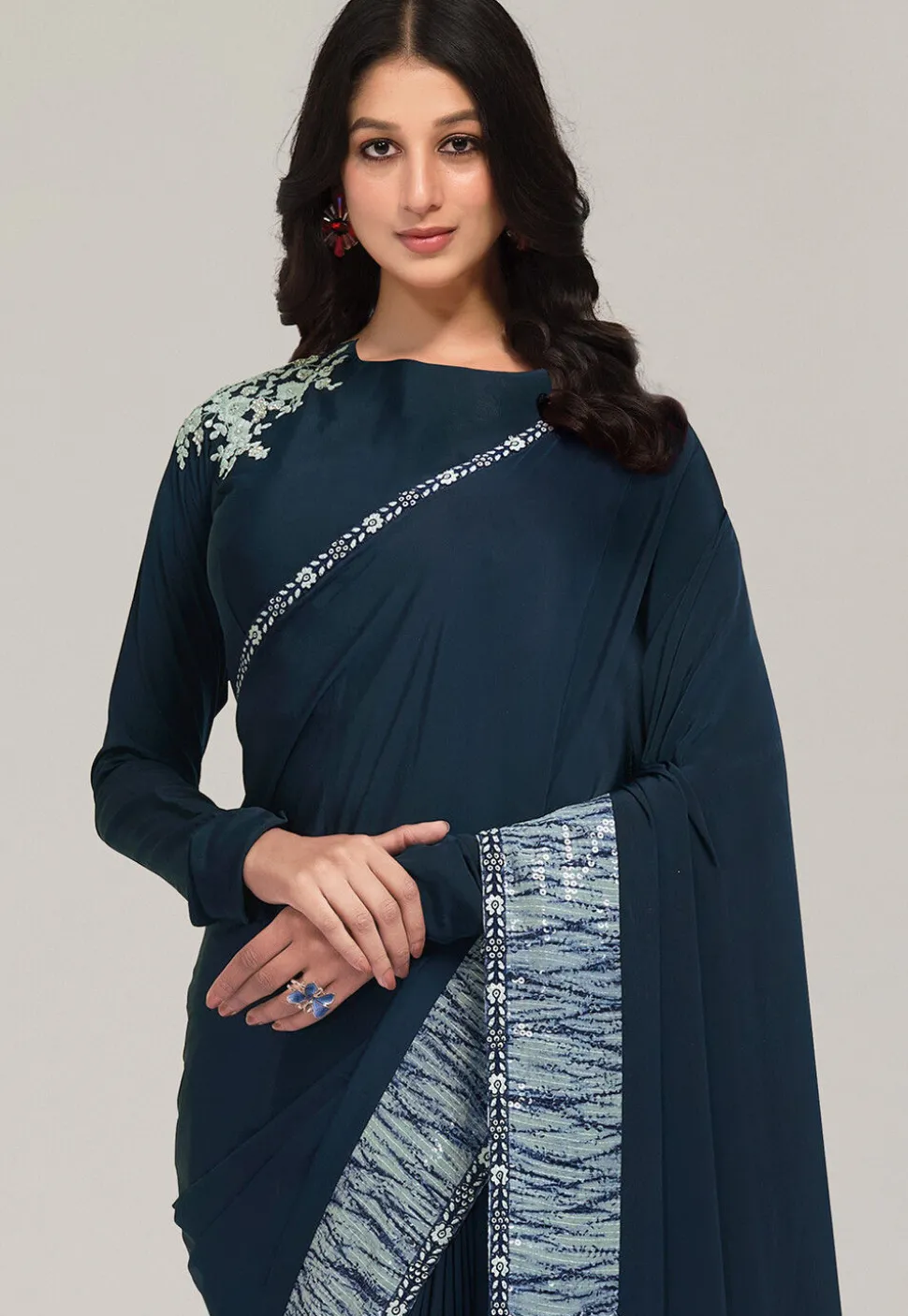 Digital Printed Crepe Saree in Navy Blue