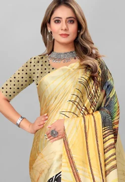 Digital Printed Crepe Saree in Beige and Black
