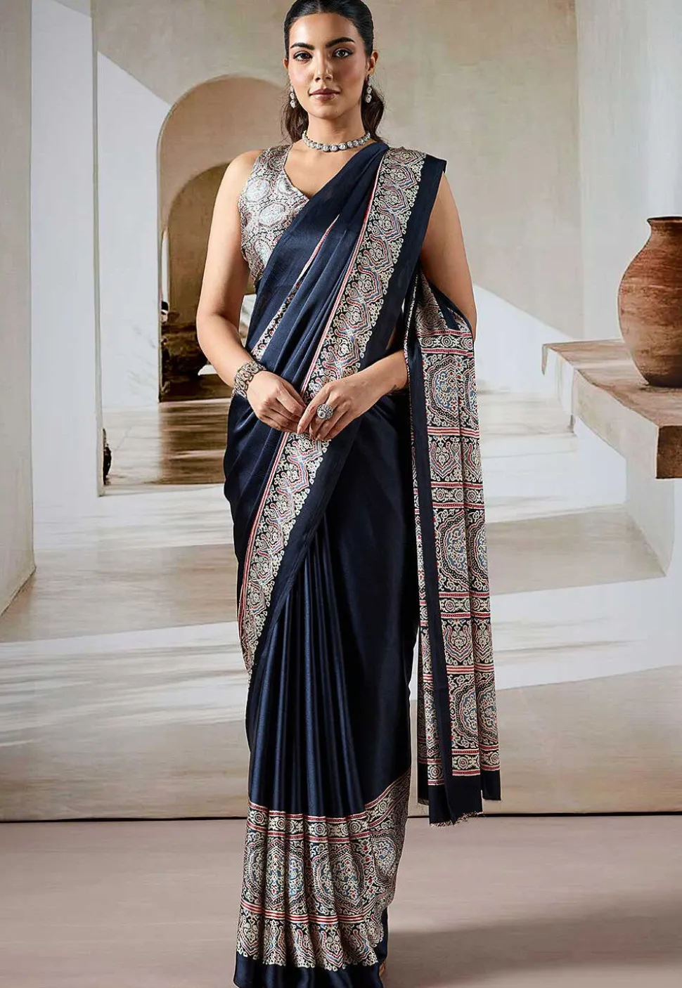 Digital Printed Crepe Saree in Black