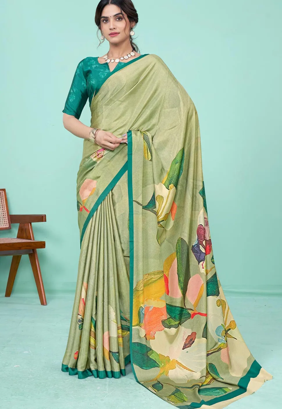 Digital Printed Crepe Saree in Light Green