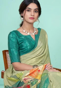 Digital Printed Crepe Saree in Light Green