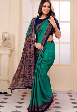 Digital Printed Crepe Saree in Teal Green