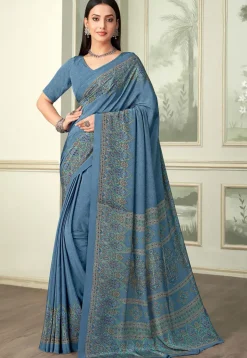 Digital Printed Crepe Saree in Blue