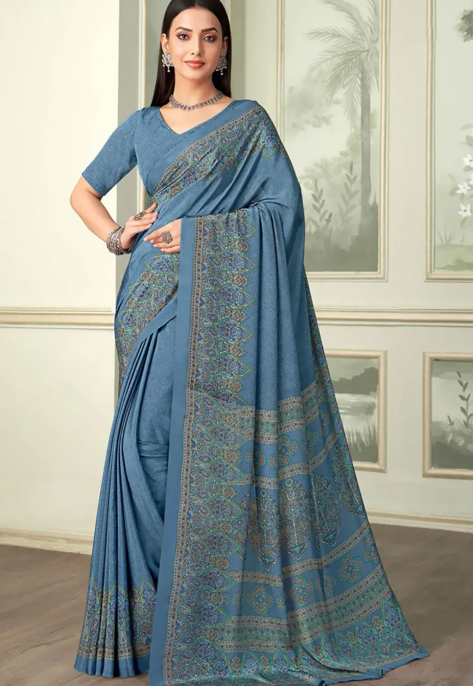 Digital Printed Crepe Saree in Blue