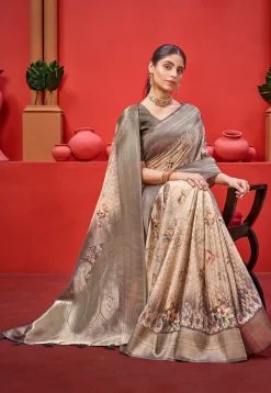 Digital Printed Crepe Saree in Beige