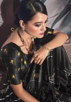 Digital Printed Crepe Saree in Black