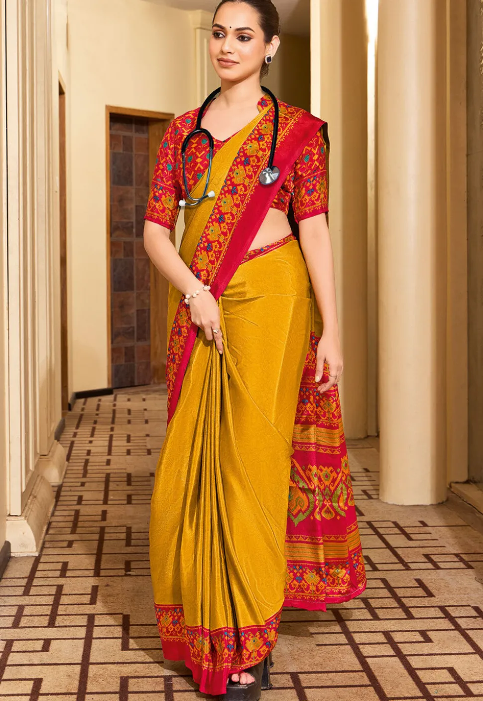 Digital Printed Crepe Saree in Mustard