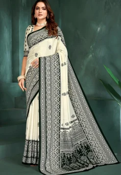 Digital Printed Crepe Saree in Off White