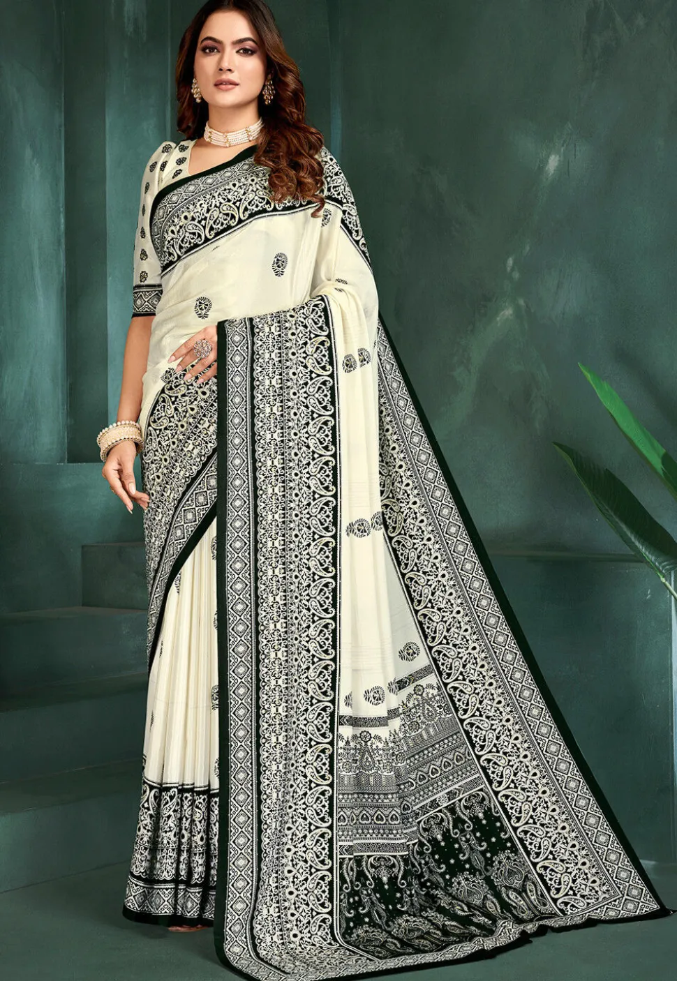 Digital Printed Crepe Saree in Off White