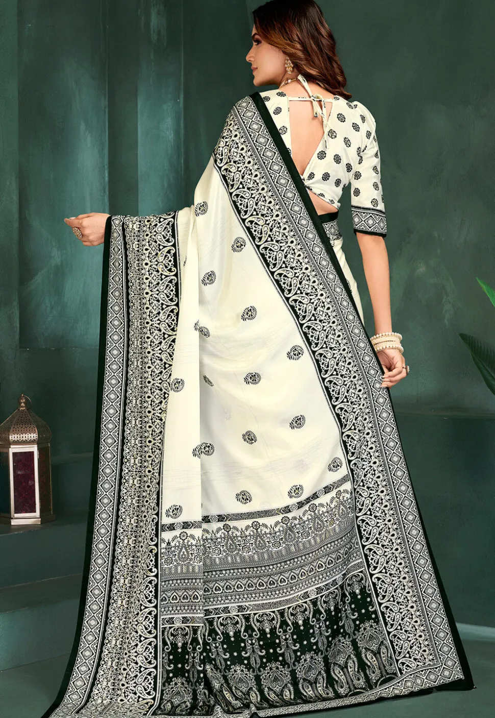 Digital Printed Crepe Saree in Off White