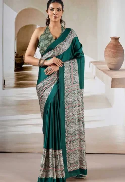 Digital Printed Crepe Saree in Teal Green