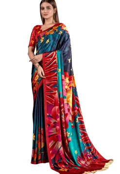 Digital Printed Crepe Saree in Teal Blue