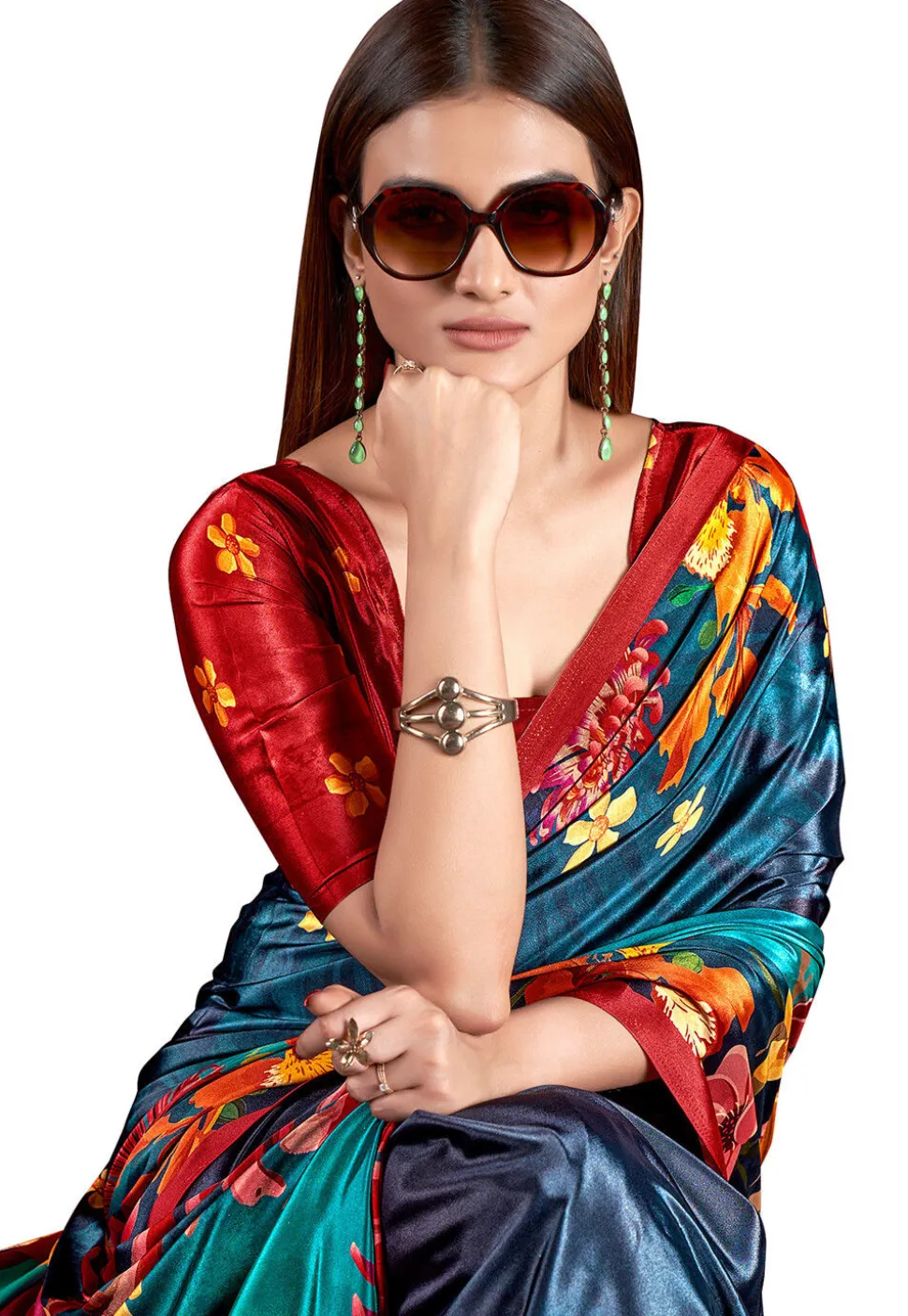 Digital Printed Crepe Saree in Teal Blue