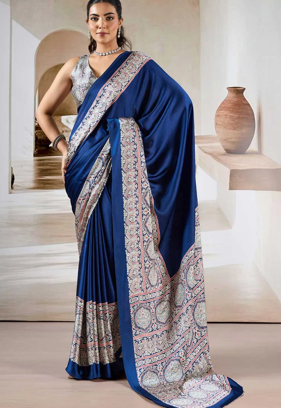 Digital Printed Crepe Saree in Blue