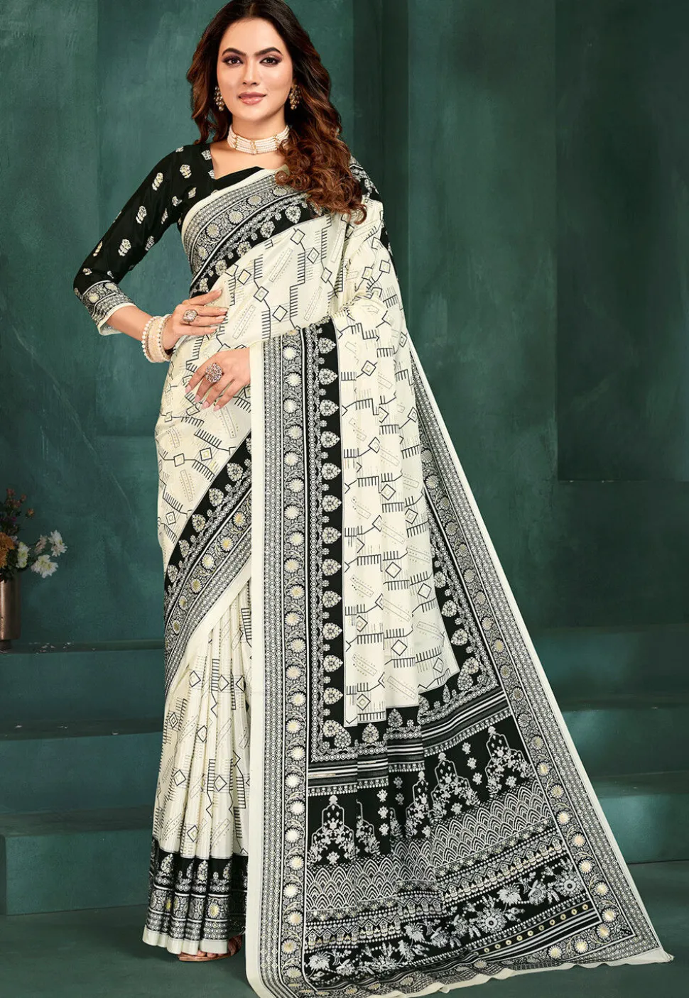 Digital Printed Crepe Saree in Off White