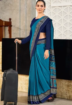 Digital Printed Crepe Saree in Blue
